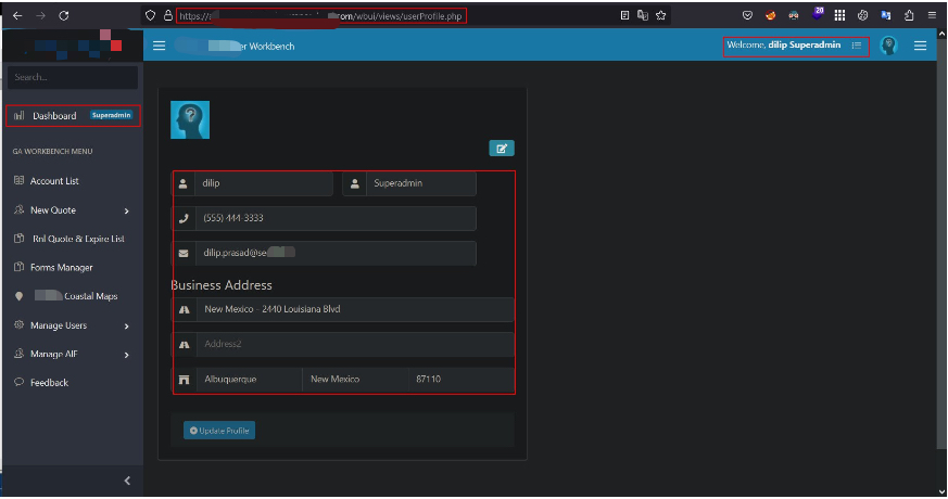 Logged in as the compromised superadmin user - profile