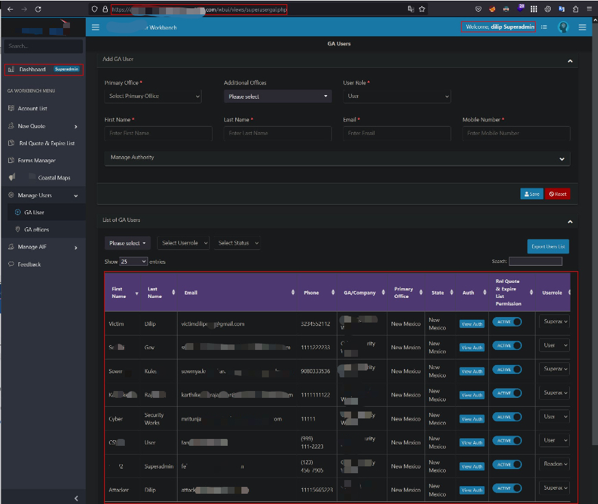 Superadmin dashboard and user management view